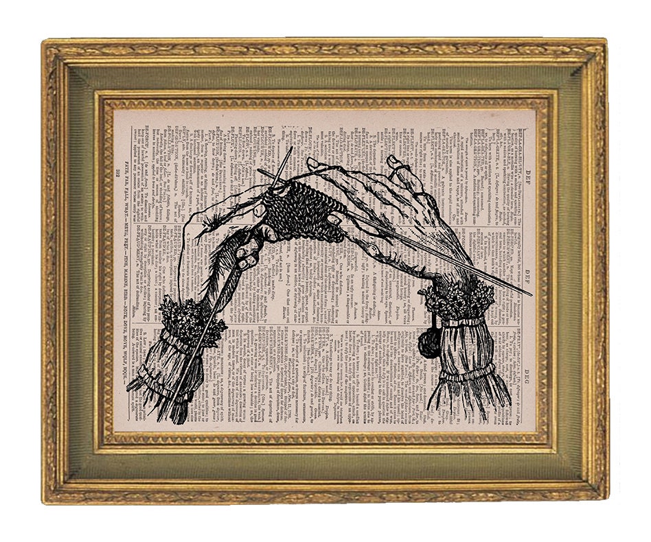 Vintage Dictionary Art Print  Upcycled - 8x10 - Knitting Hands