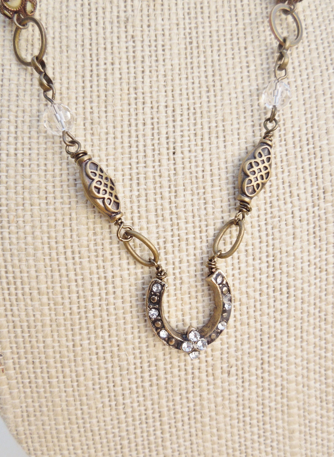Lucky - Vintatge Hoseshoe Charm Neklace - Rhinestone, Pearl, Vintage Brass, Repurposed, Shabby Chic, Charm necklace
