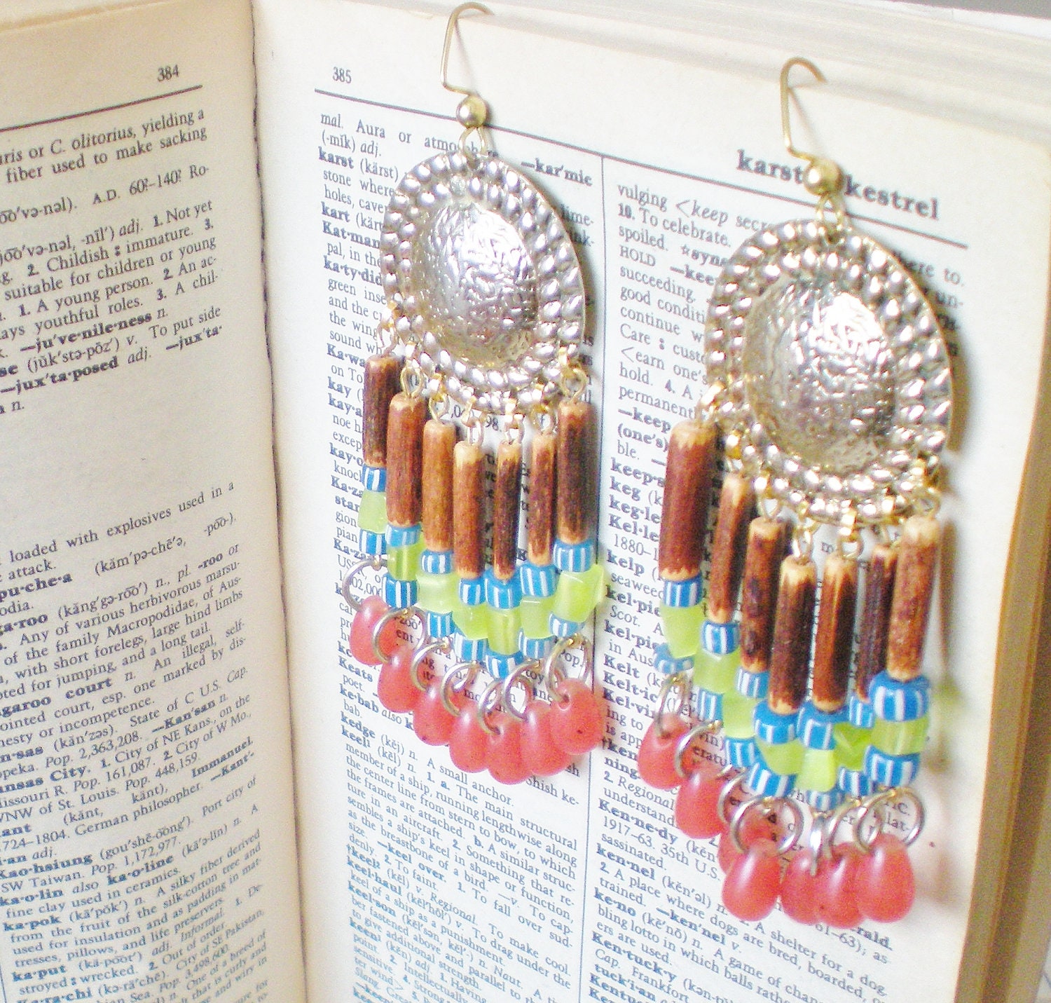 Medallion Chandelier Earrings - Bohemian Beaded Dangles - Brown, Blue, Lime, Amber