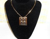 Vintage Goldtone & Silver Tone Square Pendant Necklace - Bling - Fashion - Jewelry - Circles within Square within Square