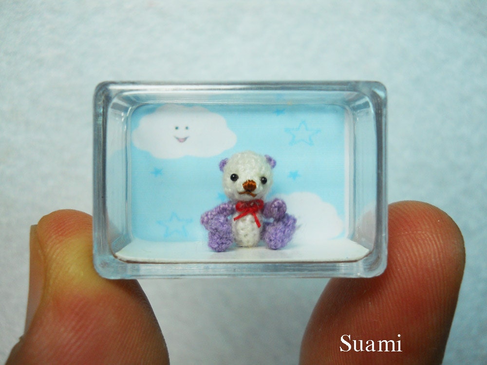 Micro White - Purple Bear With Red Bow - Tiny Crochet Miniature Teddy 1/2 Inch Scale - Made To Order