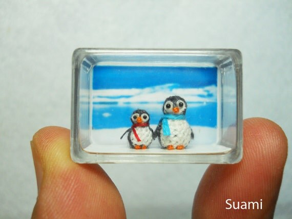 Micro Penguins - Dollhouse Miniature Birds - Set of Two Penguin Chicks - Mom and Daughter - Made To Order