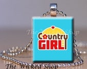 Scrabble Tile Pendant -Country Girl  Blue/Red - Scrabble Tile Necklace -  Free Silver Plated Ball Chain (FARM6)