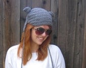 KITTY HAT, Gray (crochet ear-flap hat). Sales donated to cat rescue group.