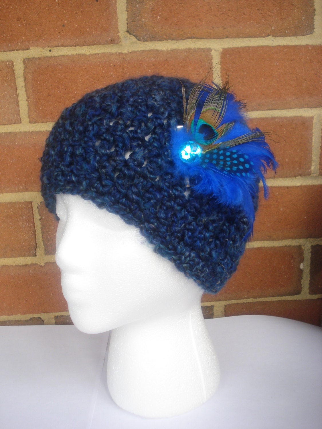 Blue Crochet Beanie Hat with Peacock Feather