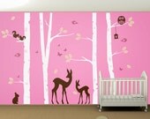 SALE Kids Nursery Birch Tree Wall Decal Set 2 - Owl Deer Fawn Birds Squirrels Butterflies Bird House Leaves Removable Vinyl Wall Art Sticker