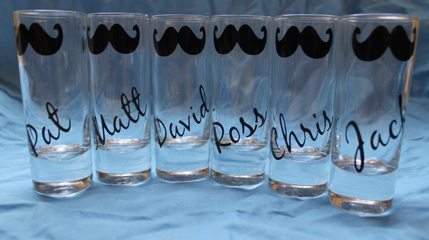 Set of 6 Wedding Shot Glasses, Personalized Mustache Groom-Groomsmen Shot Glasses, Set of 6