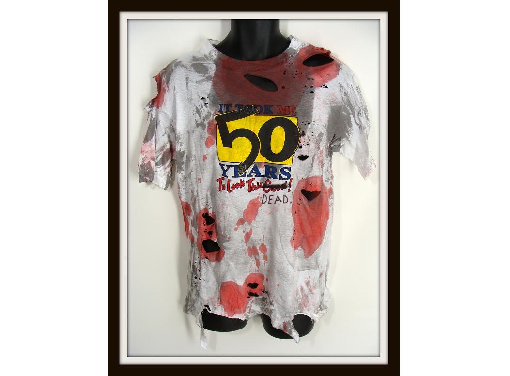 custom made Funny T-Shirt Bloody Zombie Vampire Halloween Costume L it took me 50 years to look this dead