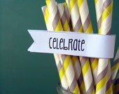 Grey and Yellow Paper Straws - Set of 25 With DIY Printable Toppers - Cute Striped Straws for Birthday Parties or Weddings