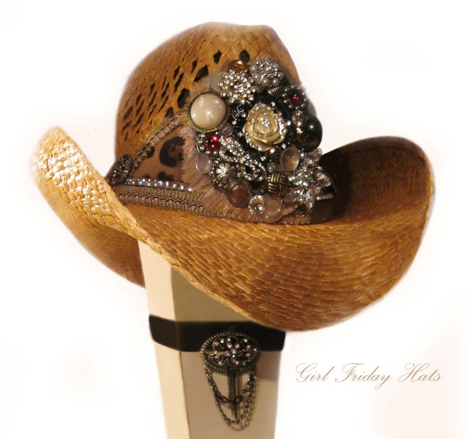 Vintage Button and Jewelry Embellished Cowgirl Hat And Leather Choker Necklace