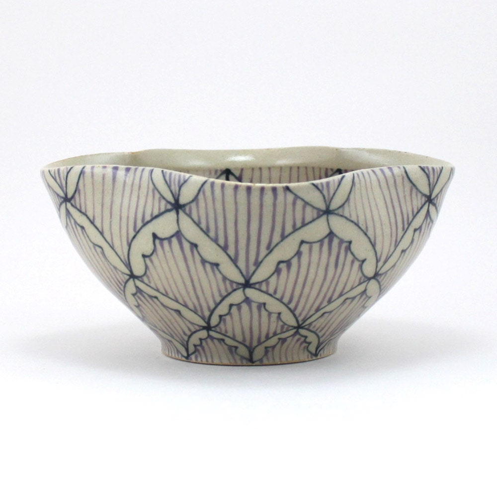 Ceramic Bowl with Navy Blue and Purple Pattern
