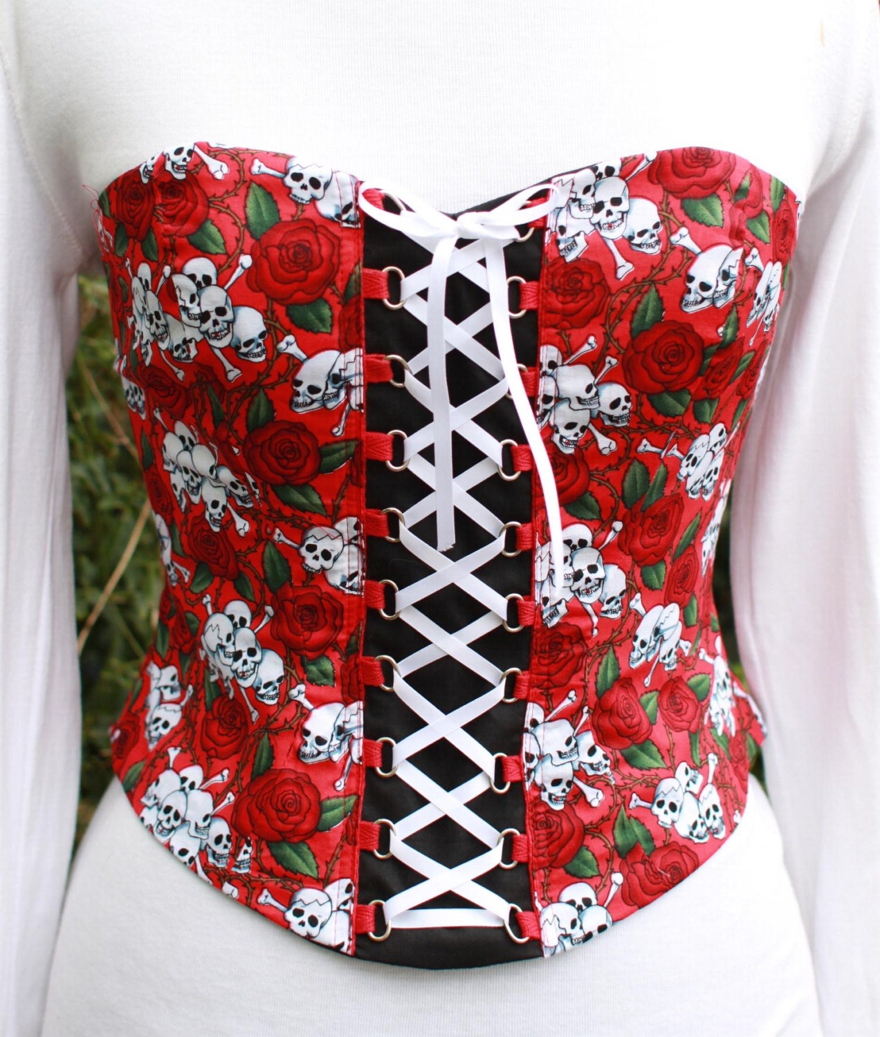halloween pirate skulls corset  Red Skull and roses bodice with white lacing. One of a kind