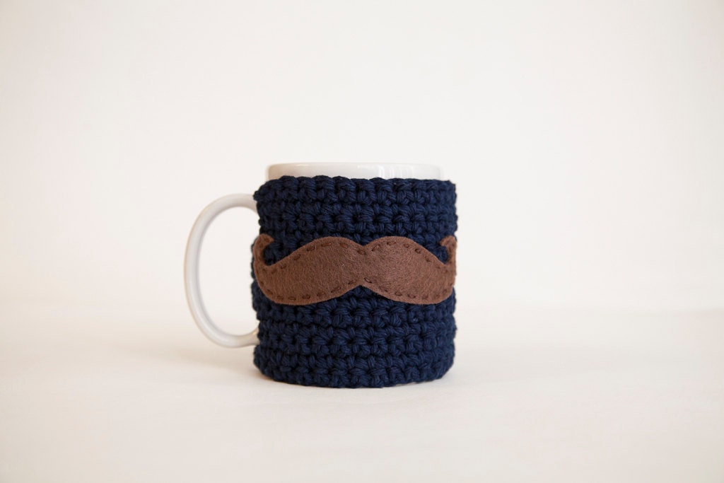 Navy Mustache Mug Cozy - Dark Blue Mug Cozy - Brown Mustache Coffee Cozy