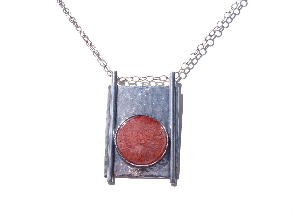 Coral and Sterling Silver Pendant New Handcrafted Jewelry Arts and Crafts Style Necklace with Red and Pink Utah Horn Coral