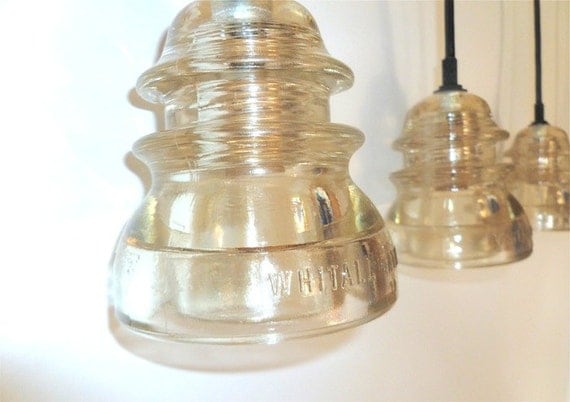 RESERVED WITH HOLES for cord Set of 3 Clear Antique Insulators