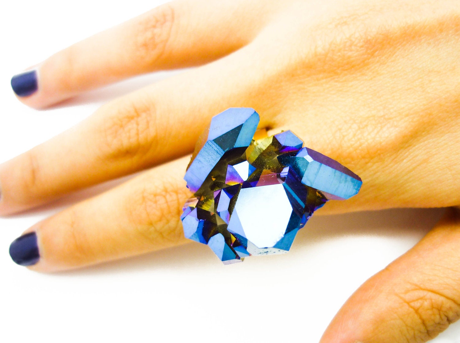 Cobalt Blue Druzy Ring Titanium Quartz Rainbow Crystal Aura Cluster
