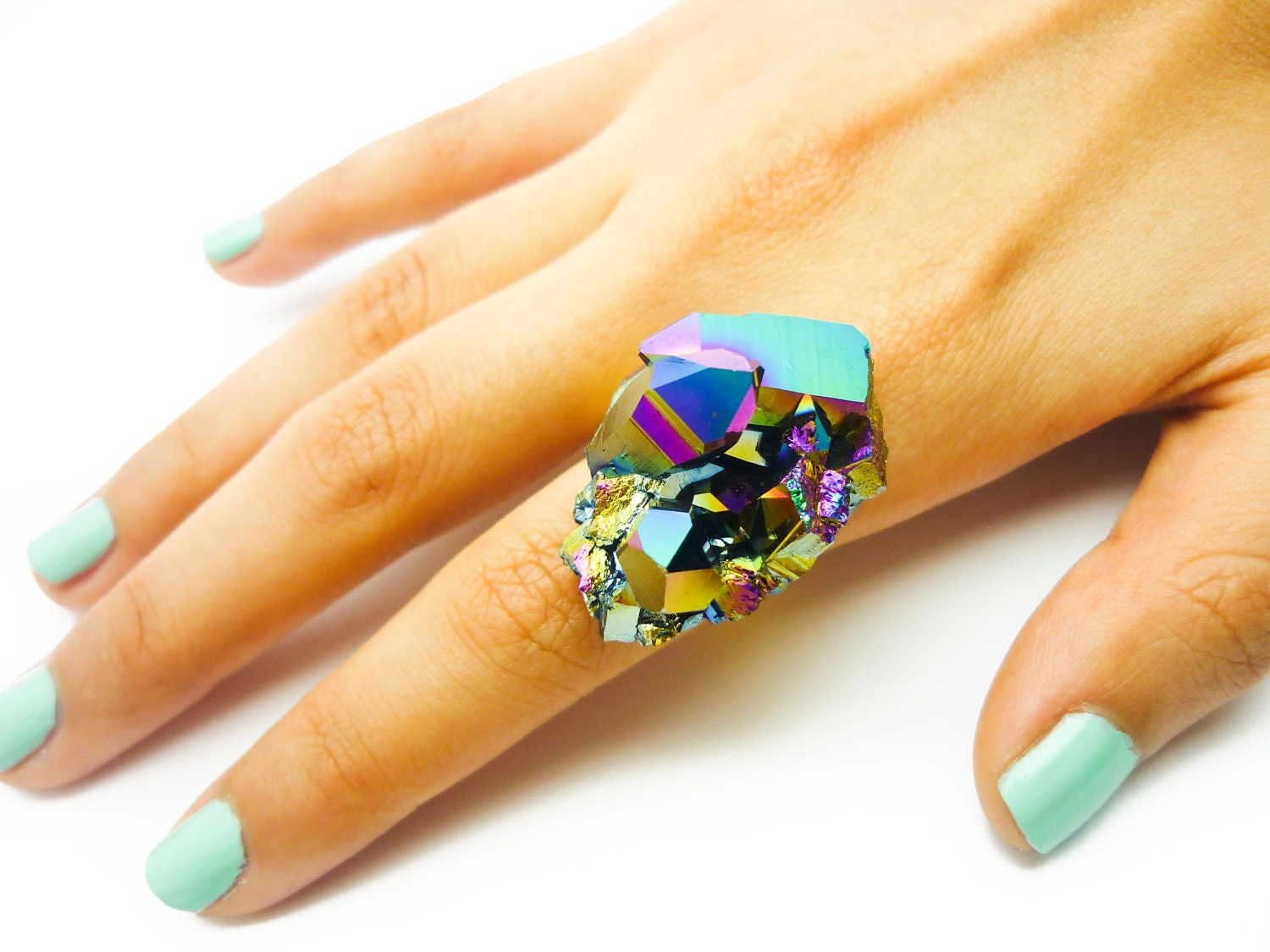Titanium Quartz Rainbow Druzy Ring Aura Crystal Stone Cluster