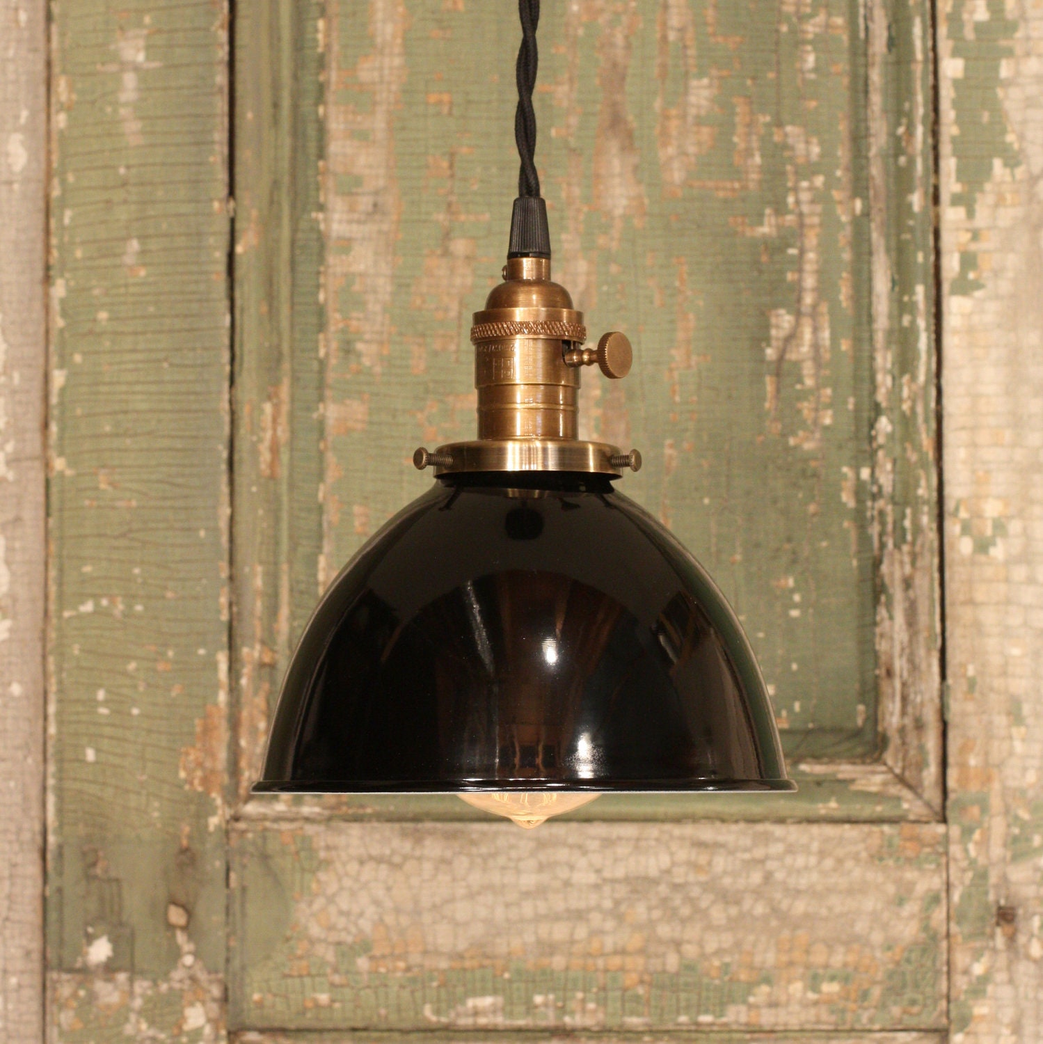 Industrial Lighting With Black Enamel Dome Shade and Reproduction Twisted Wire