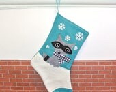 Raccoon Christmas Stocking in Peacock Blue by Allenbrite Studio