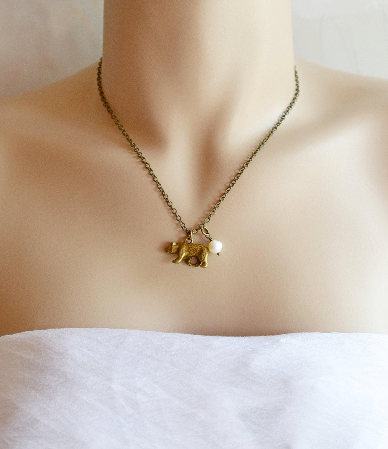 Polar Bear Necklace,Antique Brass Bear Pendant,Bear Charm Necklace,Animal Jewelry,Wildlife,Polar Bear,Alaska,Woodland Animal,Pearl