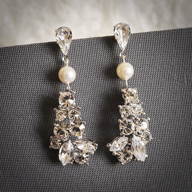 ZAFIRA, Chandelier Rhinestone Bridal Stud Earrings, Oval Crystal and Pearl Wedding Earrings, Vintage Inspired Jewelry, White or Ivory