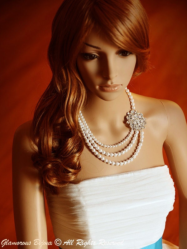 CATERINE, Vintage Style Bridal Necklace, SWAROVSKI Crystal and Pearl Necklace, Flower Bouquet Bridal Necklace, White, Ivory, Bridal Jewelry