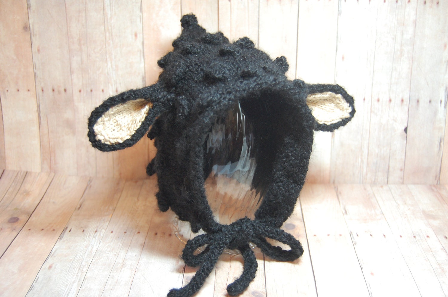 Black Lamb Hat - Knit Animal Hat Pixie Bonnet for Newborn - 12 months Boys Girls Babies - Alpaca Mulberry Silk - Photography Prop Halloween