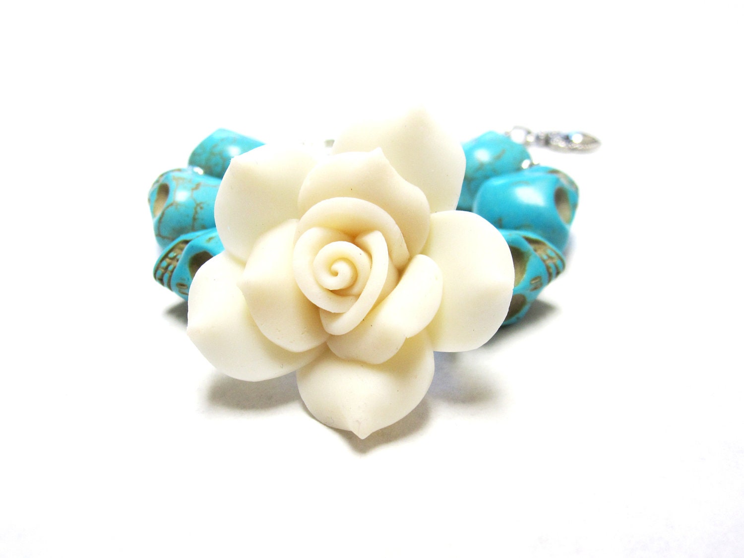 Skull Rose Bracelet Day Of The Dead Jewelry White Turquoise Blue Sugar Skull