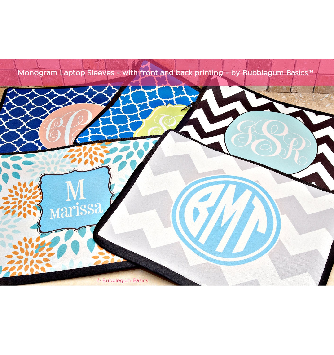 Custom LAPTOP MACBOOK Sleeve Light Pink Chevron Gray Monogram 11" 12" 13" 14" 15" - Personalized Monogram - Design Printed on Front AND Back
