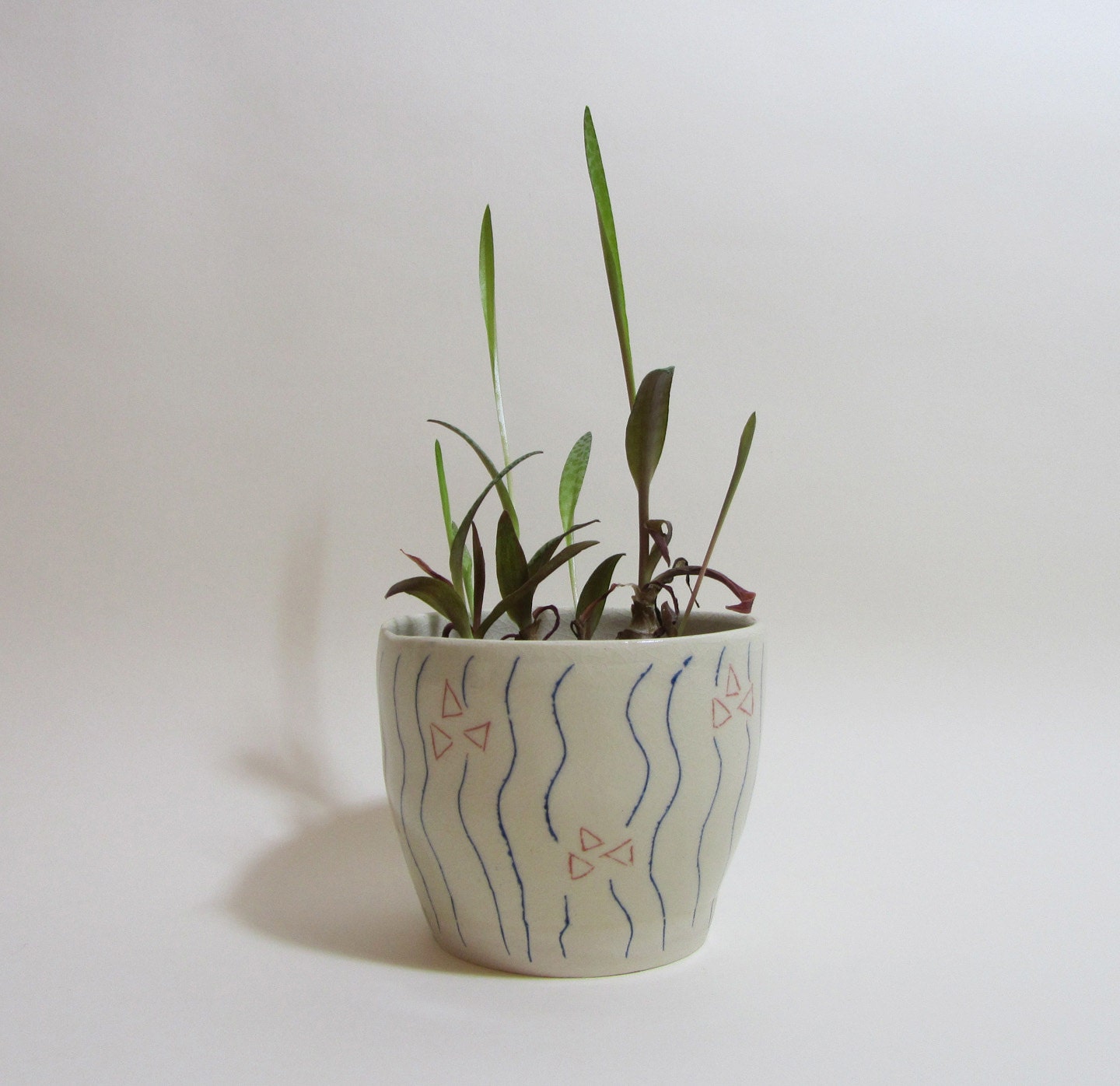 Blue Lines and Red Triangles Patterned Ceramic Planter