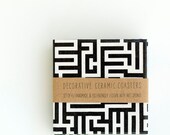 Labyrinth Ceramic Coasters Black and White Bold Graphical Modern Drink Coasters Gift for Men, set of 4
