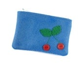 Blue Felt, Button Cherry Coin Pouch/Mini Zipper Pouch