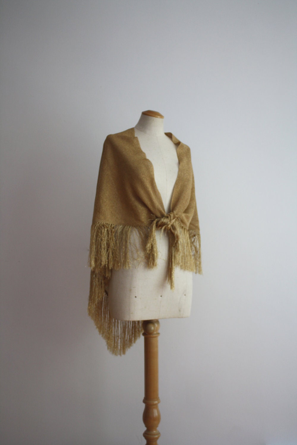 SHAWL Fringe Gold Sparkly Metallic ITALIAN - 1980s VINTAGE