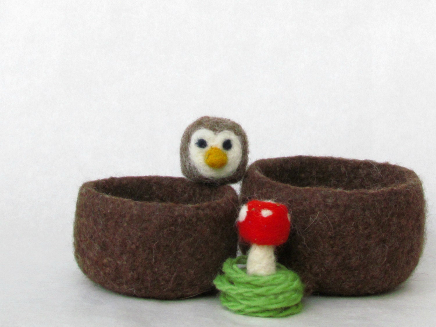 Waldorf Felted bowl, brown bowls, needle felted mushroom and little owl