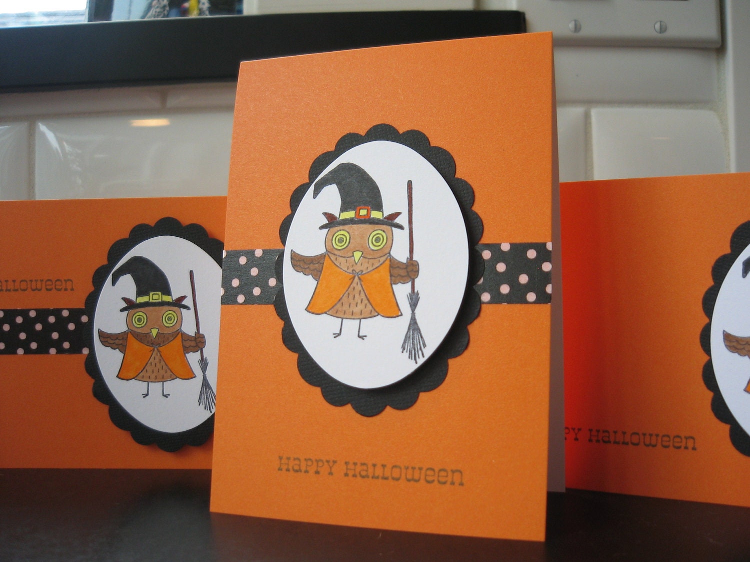 Owl Halloween Card Set 3 Cards Witch Orange