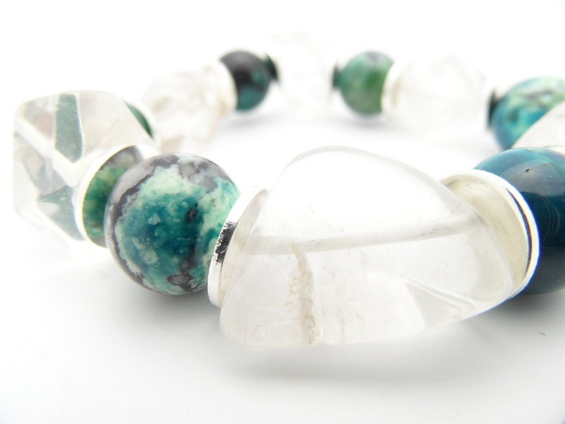 Silver Bead Bracelet, Bondai Garden Chrysotine Gemstone Chunky Crystal Jewelry, Fall Fashion