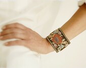 Artisan Antique French Silk Bracelet Cuff in Brown Velvet with Orange & Red Floral motif, embellished with Swarovski crystals