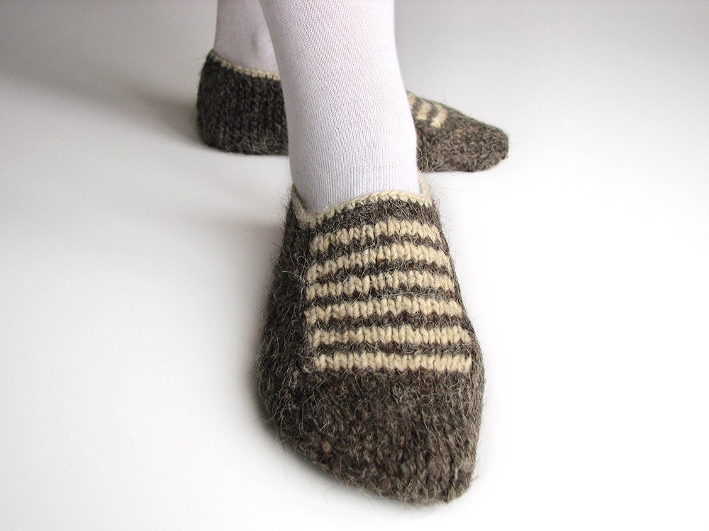 Thick Yarn Hand Knitted Woolen Slippers - 100% Natural Organic Undyed Wool - Winter Home Eco Clothing