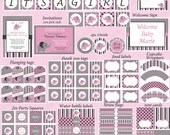 DIY Baby GIRL Elephant Deluxe Collection PRINTABLE Party Package Cupcake toppers grey pink Shower Il_170x135