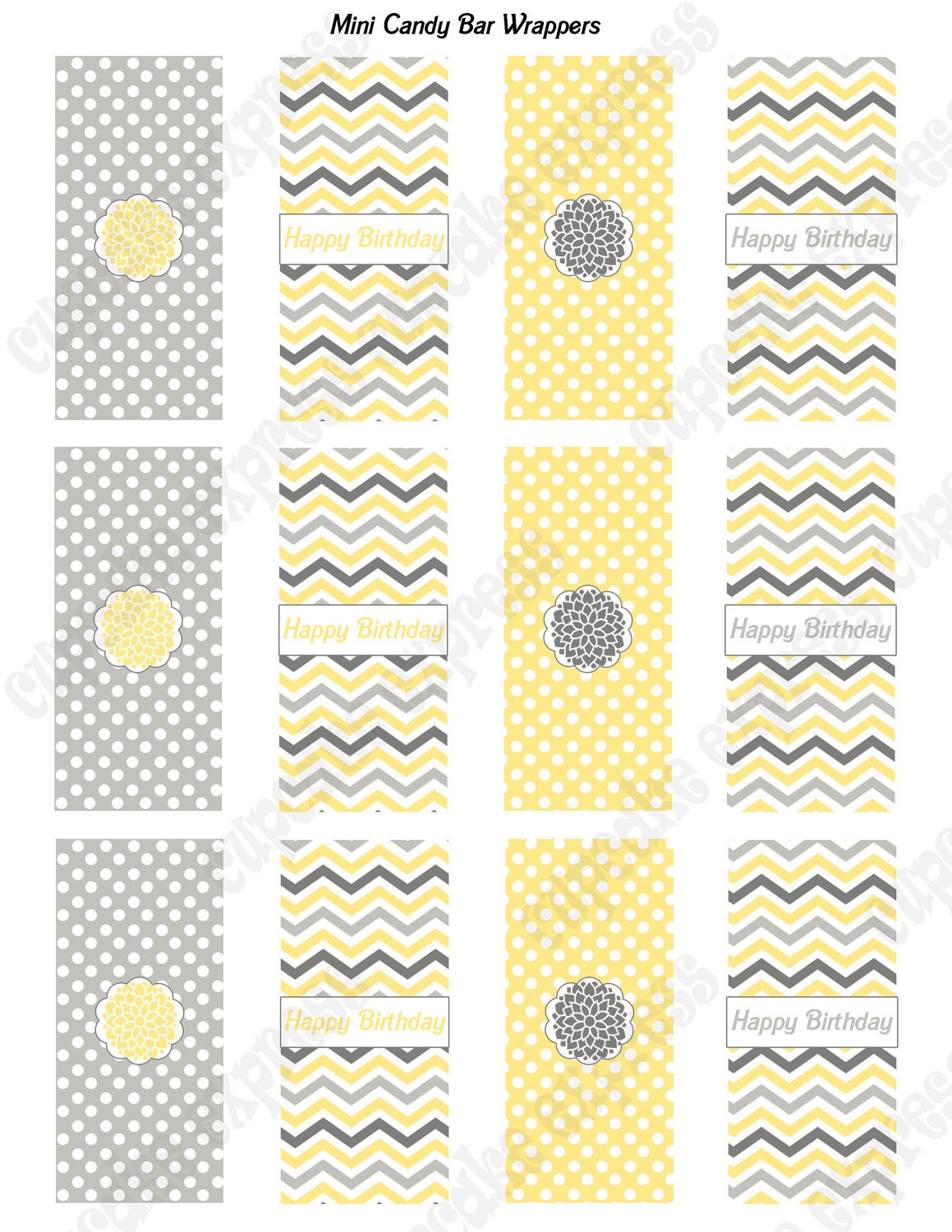 INSTANT DOWNLOAD diy Sunshine Chic Birthday Party PRINTABLE Mini Candy Bar Wrappers yellow grey chevron Il_570xn