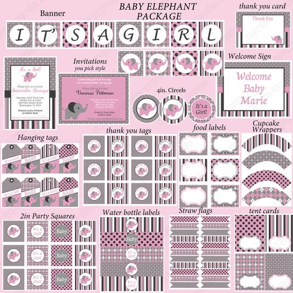 DIY Baby GIRL Elephant Deluxe Collection PRINTABLE Party Package Cupcake toppers grey pink Shower Il_570xn