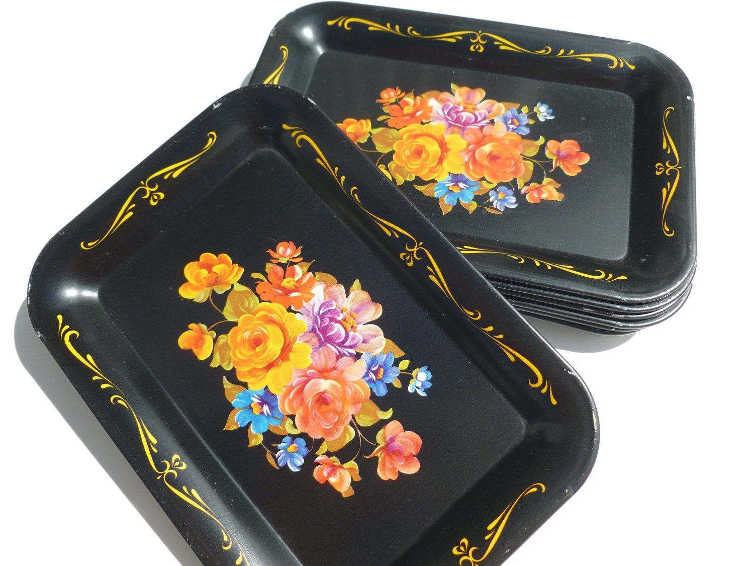 Black Metal Snack Trays with Shabby Chic Floral Flowers Roses and Scroll Lithograph Design Set of 8