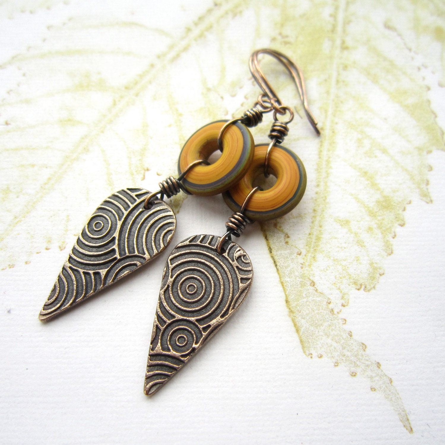 Lampwork earrings, Beaded bronze earrings, bronze  earrings