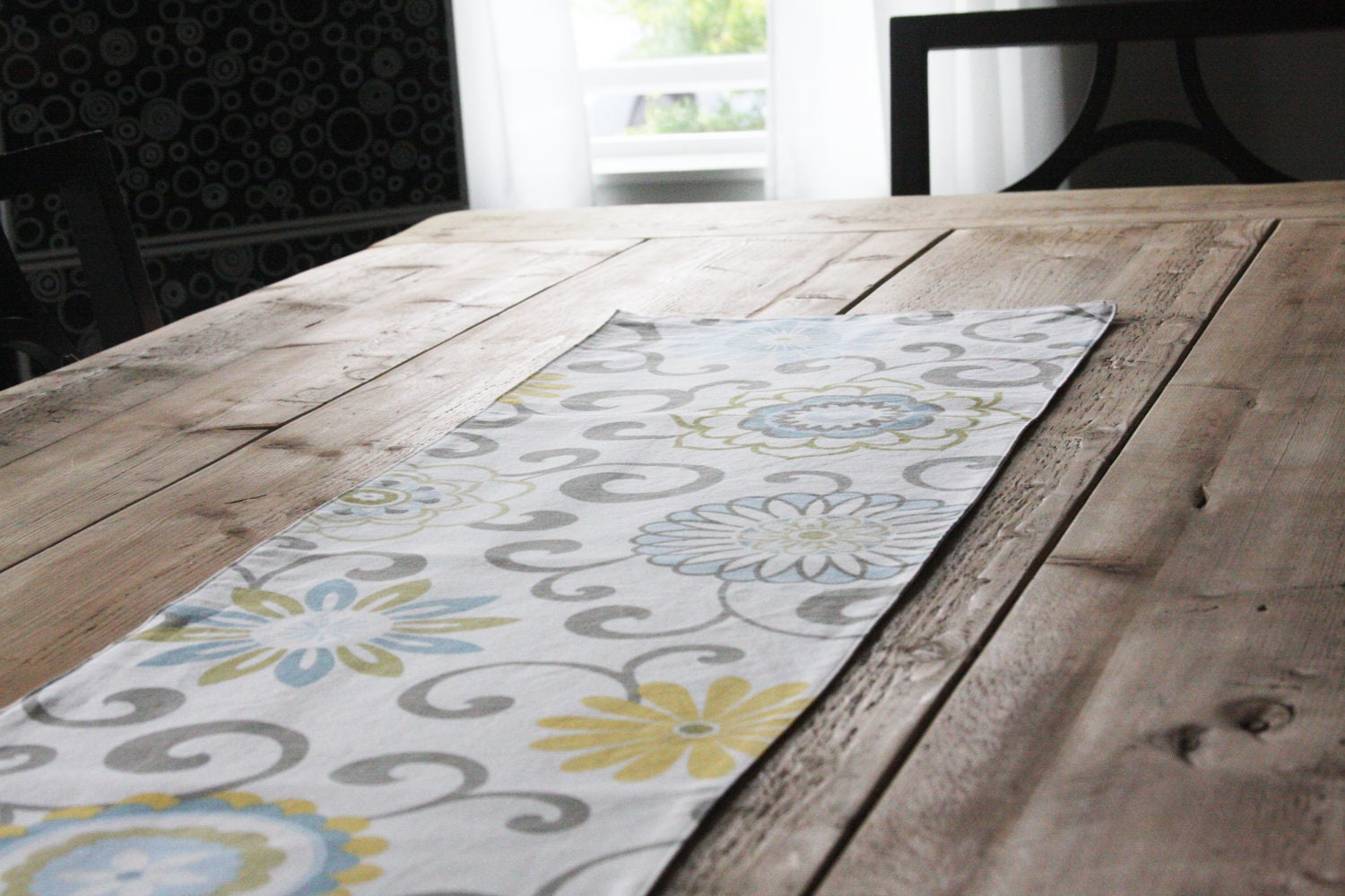 Fabric Table Runner - Light Blue and Yellow Pom Poms - FREE US SHIPPING
