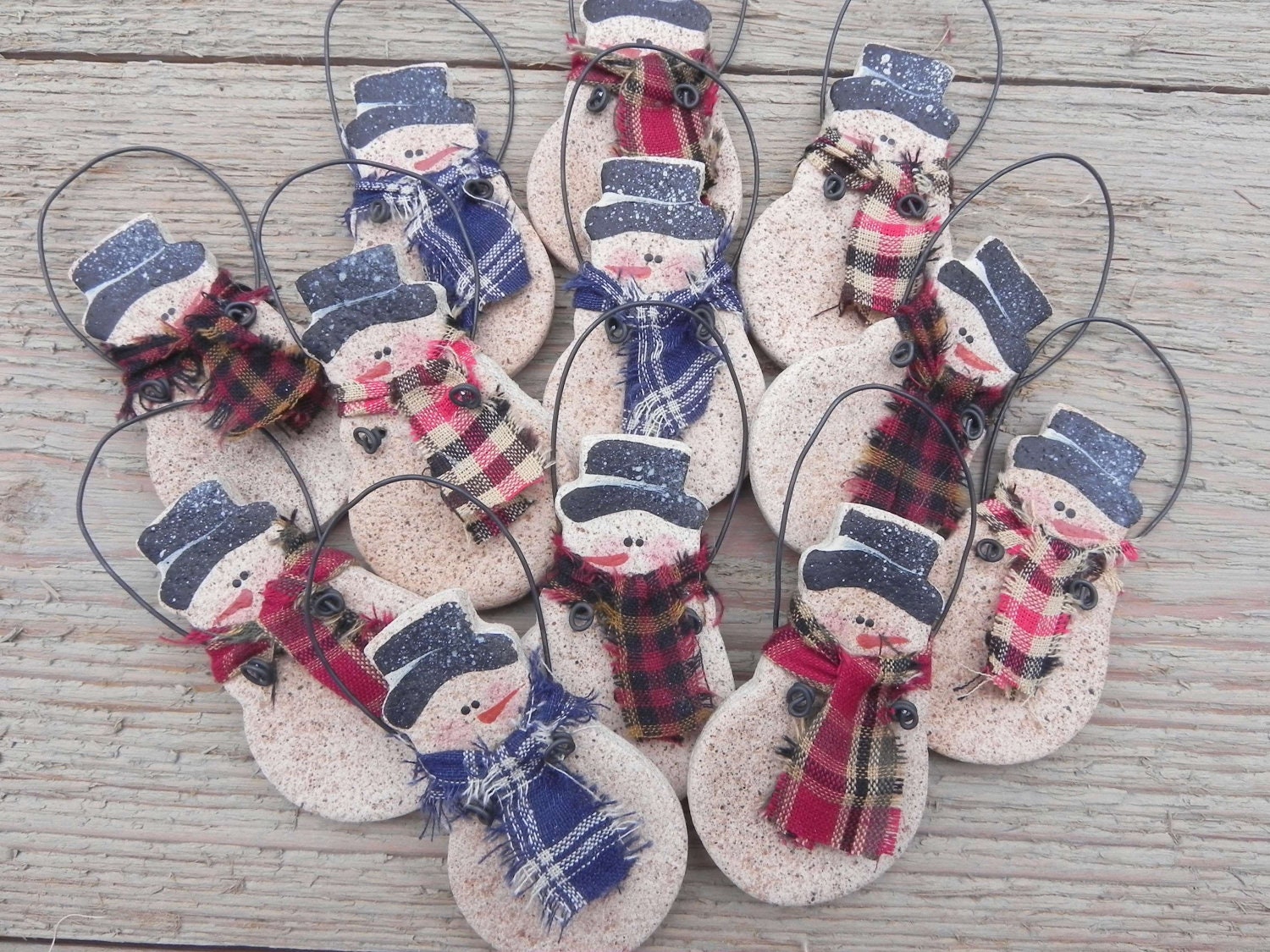 Primitive Snowman  Wholesale Group of 12 salt dough snowmen/ Party Favors /  Napkin Rings / Gift Tags Salt Dough Ornaments
