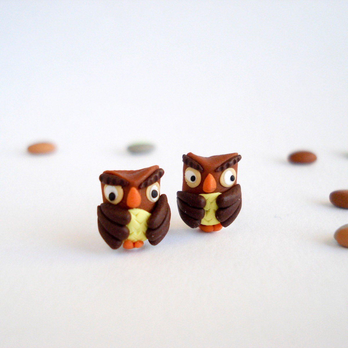 Wise Owl Post Earrings, Woodland jewelry handmade in polymer clay