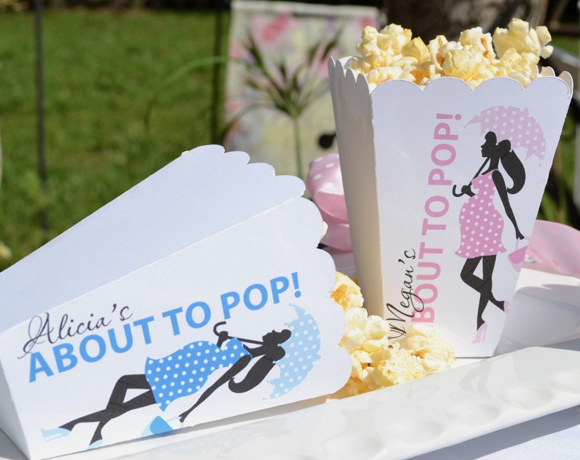 30 Personalized Baby Shower, About to Pop Popcorn Boxes for Baby Boy, Baby Girl, Girl with Umbrella