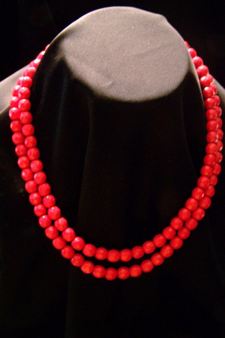 Vintage Red Glass Double Bead Necklace N3236