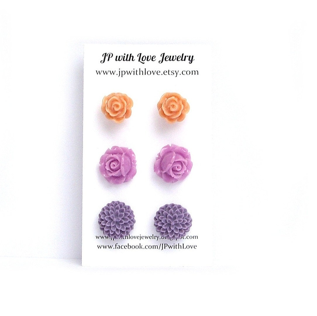 Flower stud earrings, purple Stud earrings, lilac, peach, flower earrings, rose, jewelry, set of 3, flower jewelry