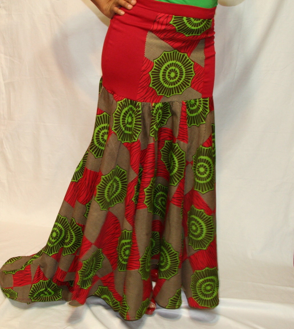 Knit wool and African print Long Skirt